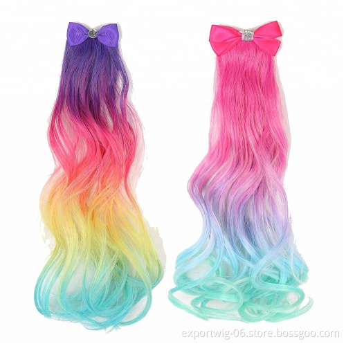 Kids Unicorn Faux Hair Barrette Clip Ombre Color Hair Extensions With Bowknot